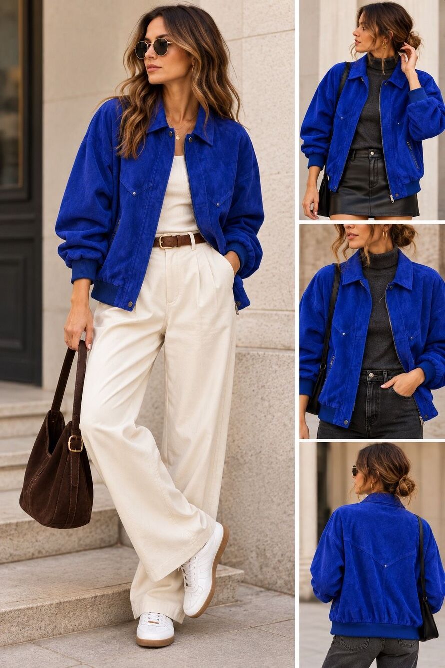 Vintage Chance Encounters cobalt eclectic blue leather bomber jacket oversized S